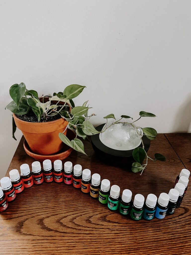 Bottles of essential oils are lined up in front of an essential oil diffuser